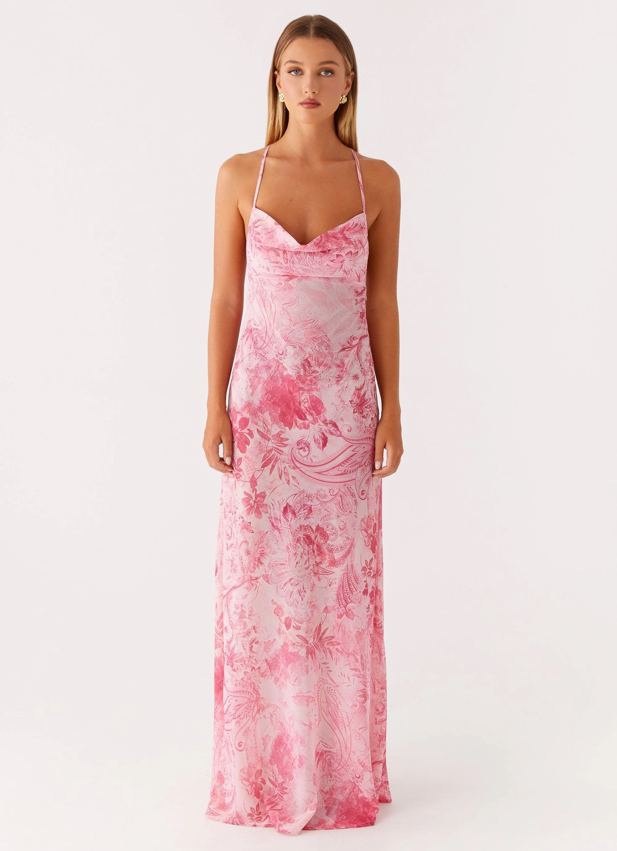Tara Maxi Dress - Pink Print Satin-Finish