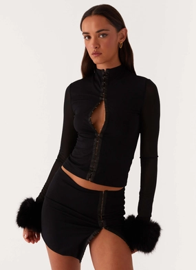 Tayanna Fur Trim Long Sleeve Top - Black TearResistantWeave V-neck Shirt