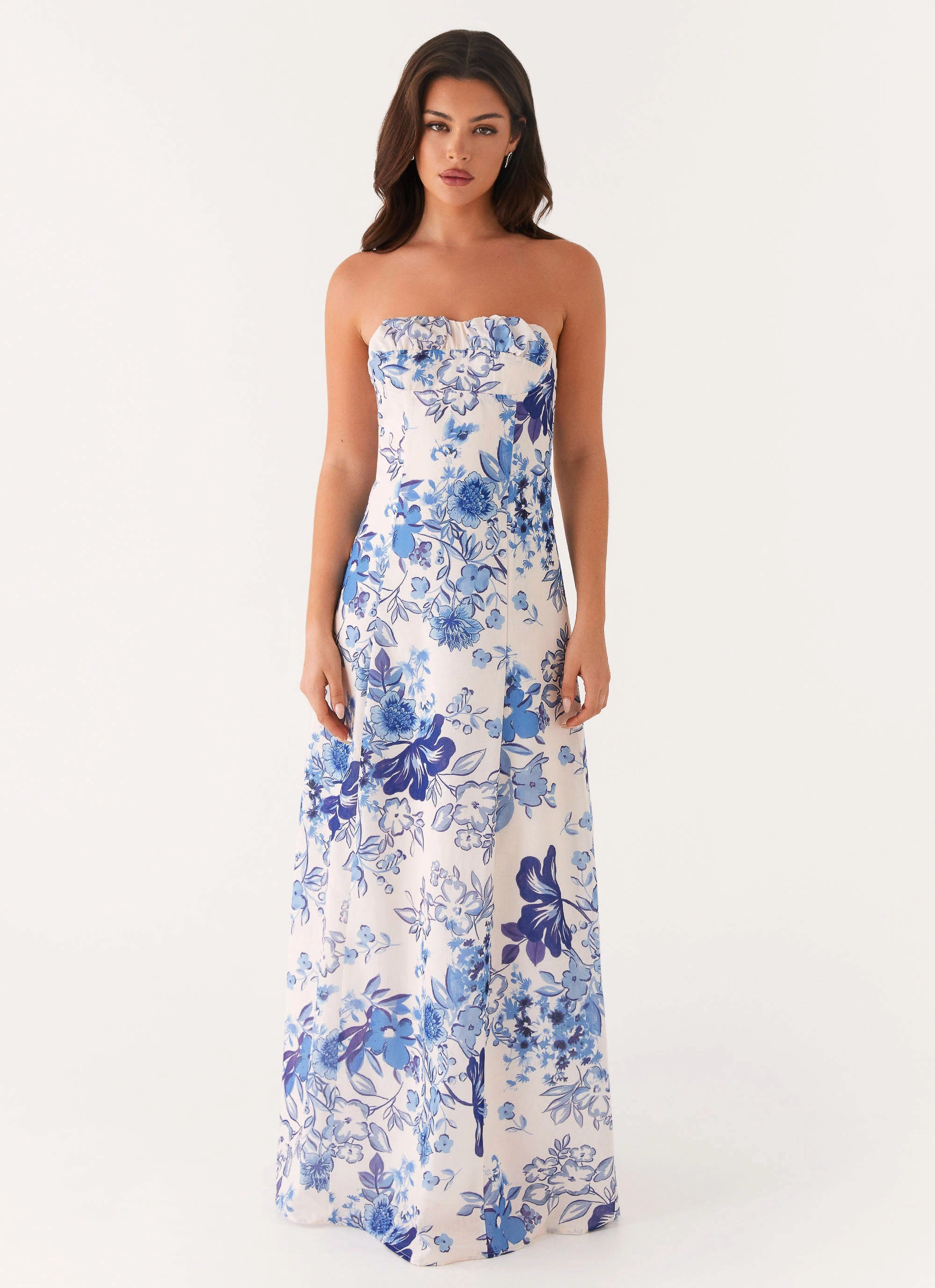 Flattering Style Fit Tayla Linen Maxi Dress - Serene Sky Floral