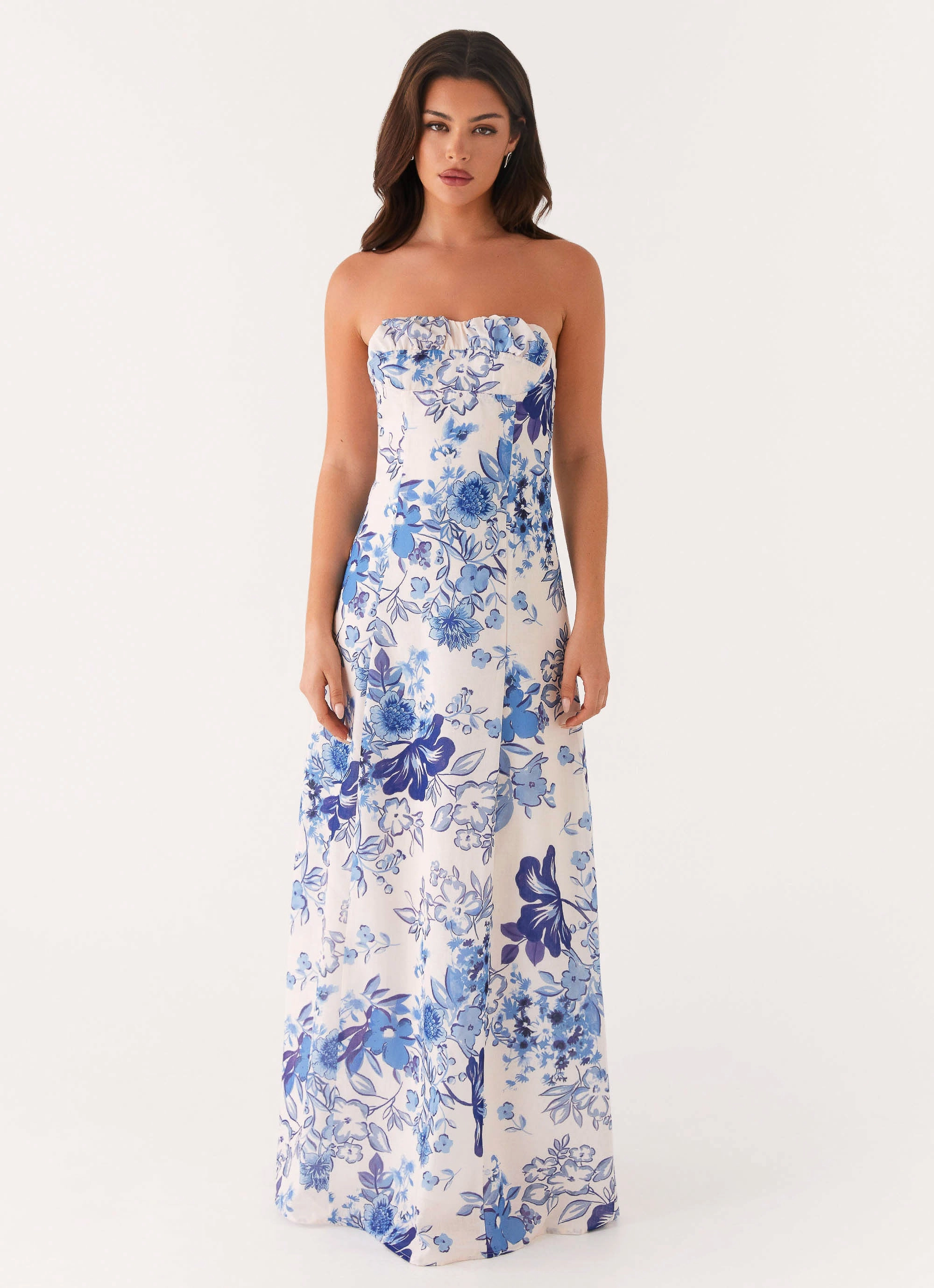 Tayla Linen Maxi Dress - Serene Sky Floral Dress-Up Style WaterRepellentCoating