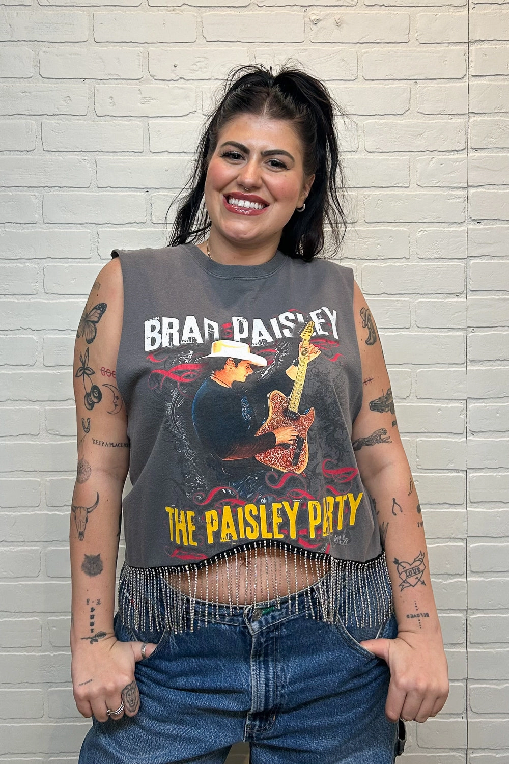 Brad Paisley Rhinestone Fringe Tank Stretchable Knit ZeroWaste Construction