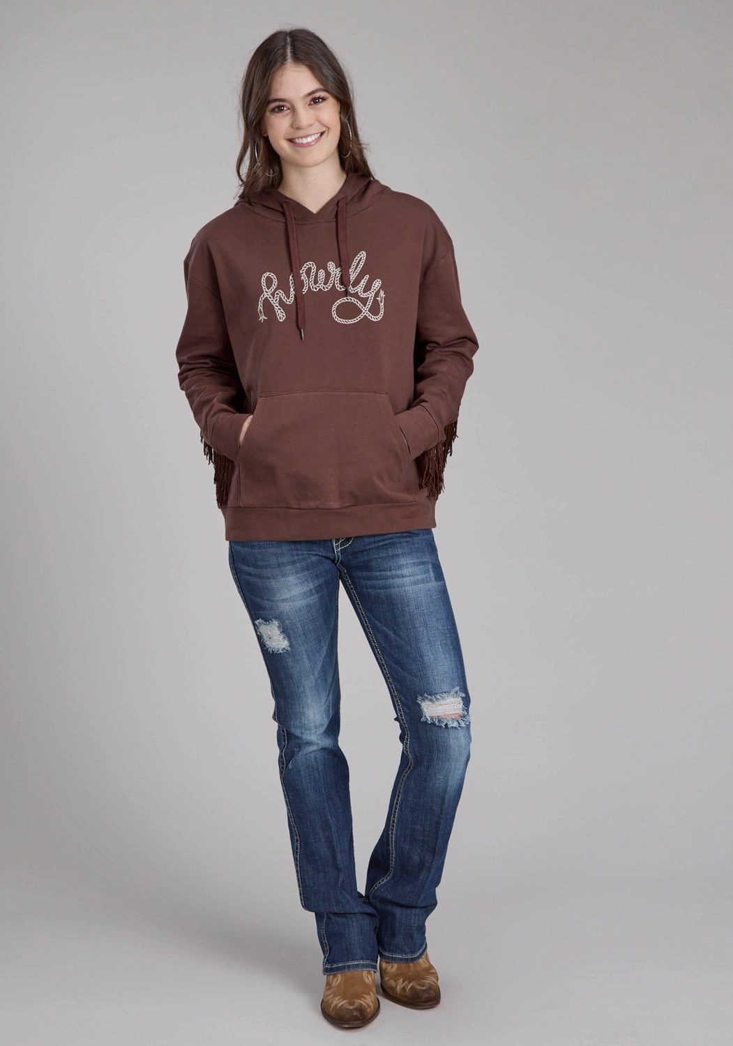Roper Womens Howdy Fringe Brown 100% Cotton Hoodie heavy duty fabric