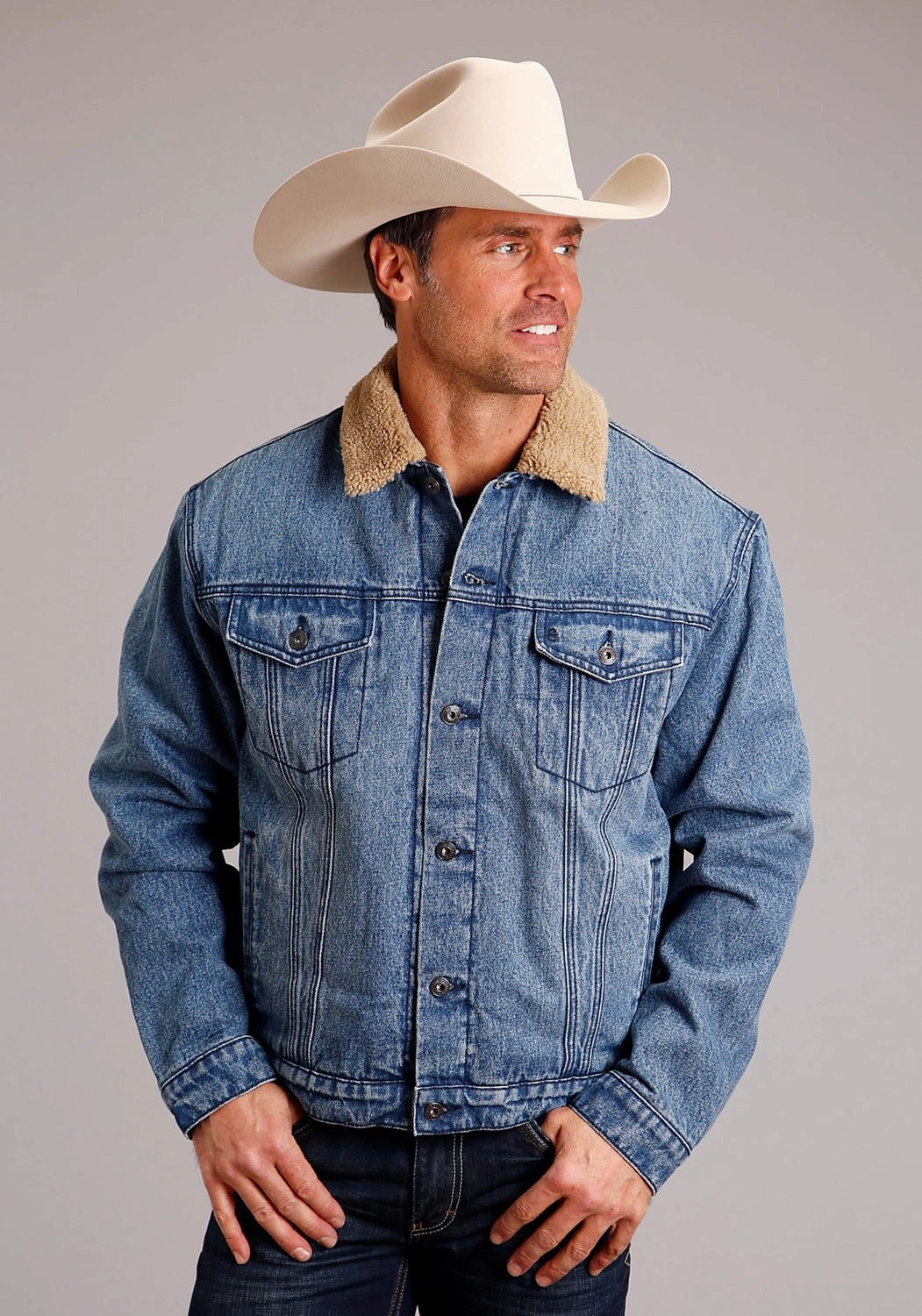 Stetson Mens Faux Sherpa Blue 100% Cotton Denim Jacket Wrinkle Free Material Recycled Material Construction