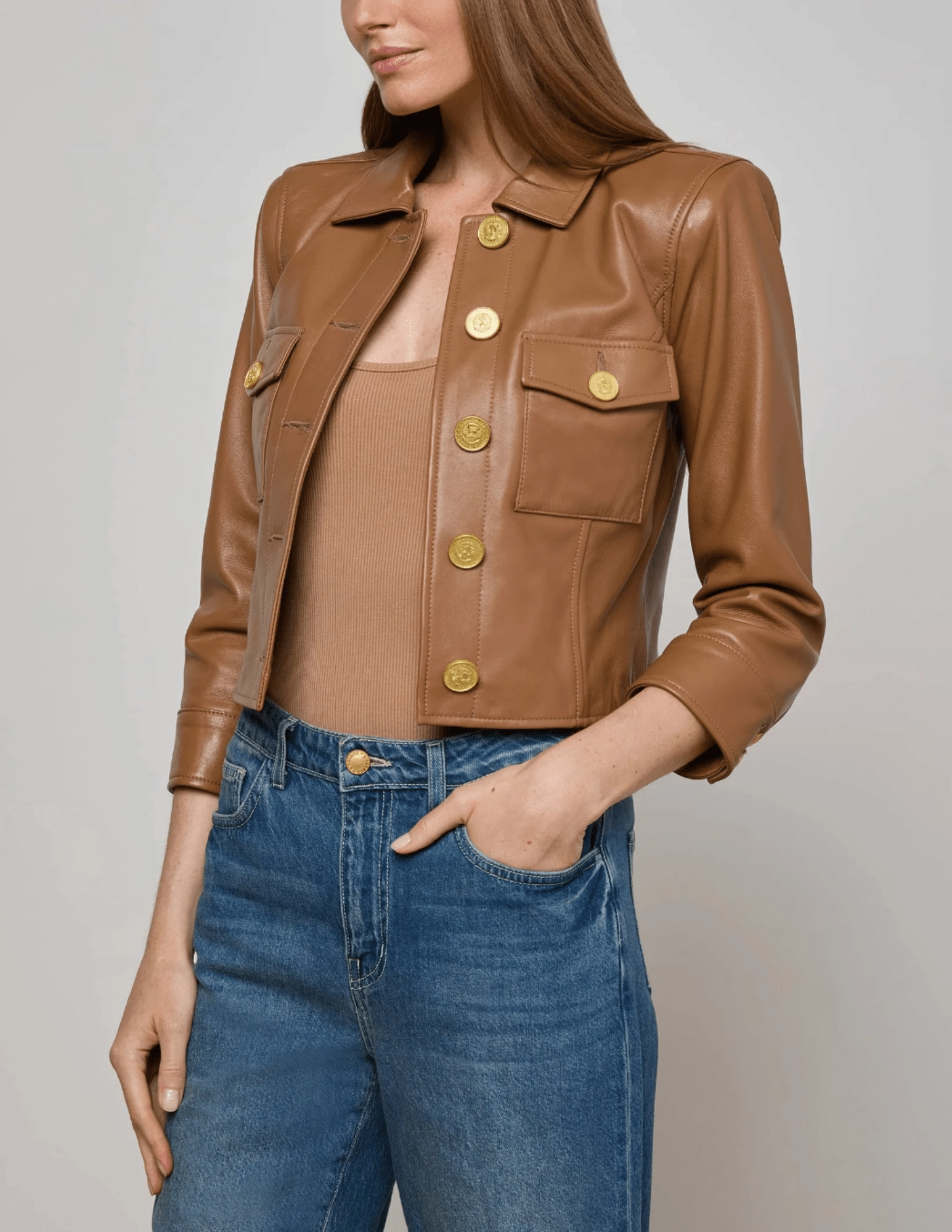 L'AGENCE Kumi Cropped Leather Jacket in Soft Cognac Abrasion Resistant Surface