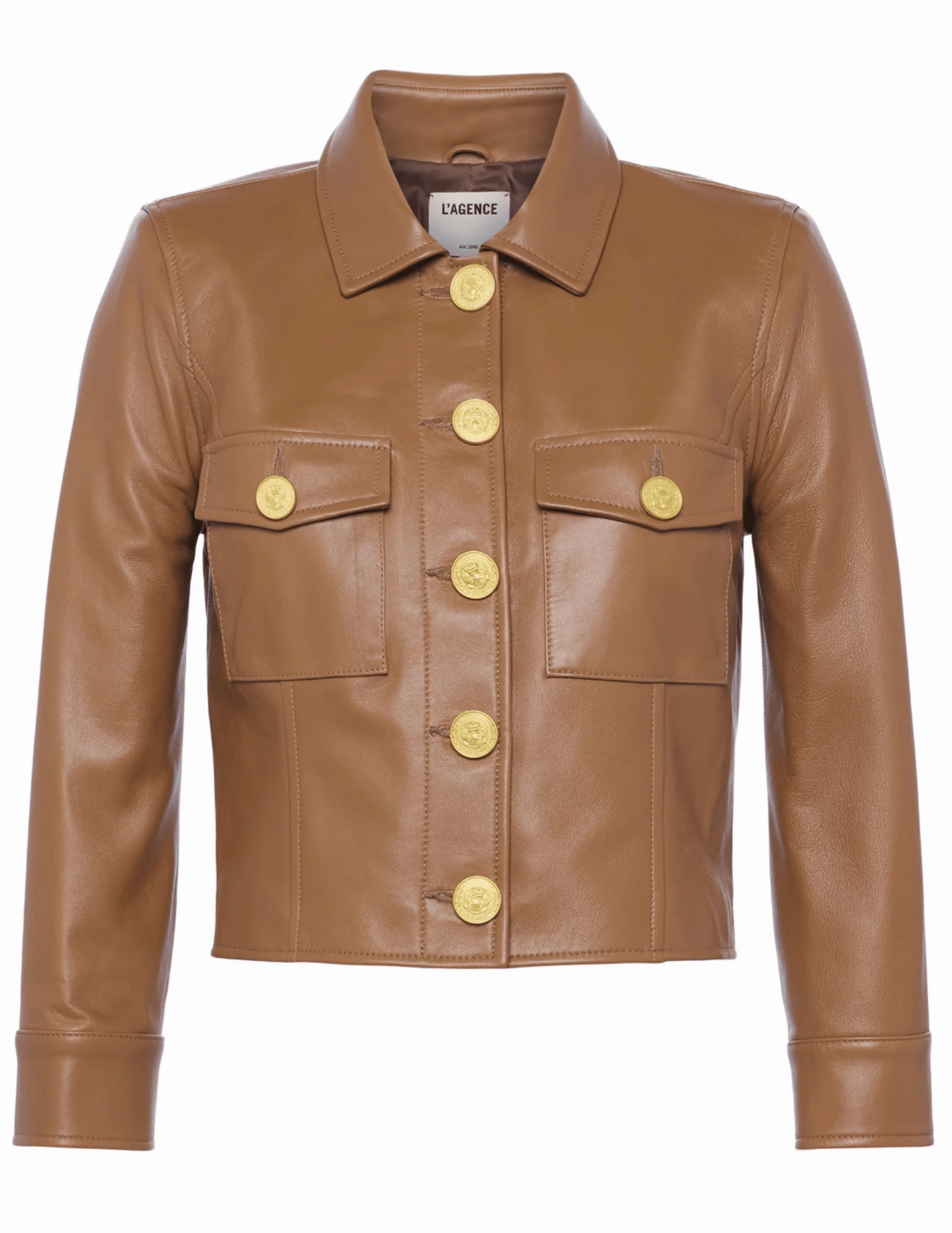 L'AGENCE Kumi Cropped Leather Jacket in Soft Cognac Sporty Comfort Fit Modern Appeal