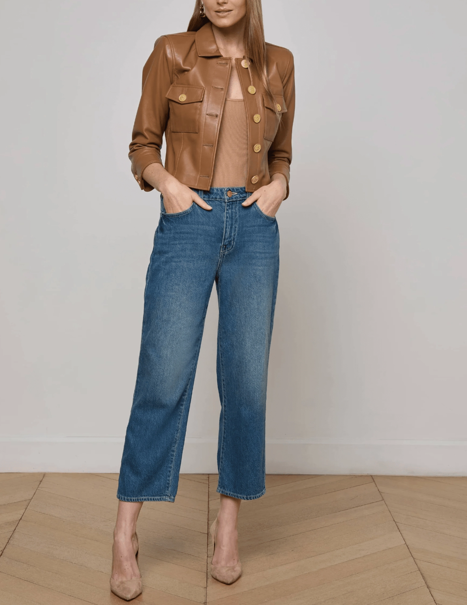 No Gap Waist Construction Essential Wear L'AGENCE Kumi Cropped Leather Jacket in Soft Cognac