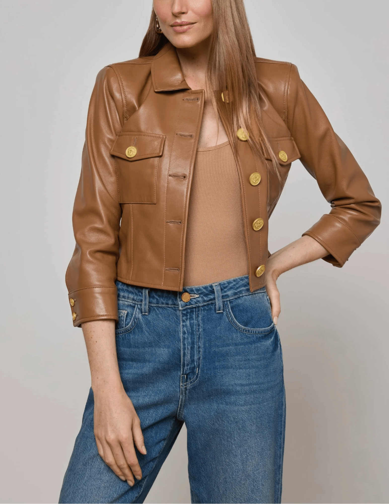 L'AGENCE Kumi Cropped Leather Jacket in Soft Cognac Structured fabric Layered Look