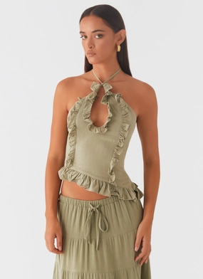 Mariella Linen Top - Sage RaglanSleeve HighStretchElastic