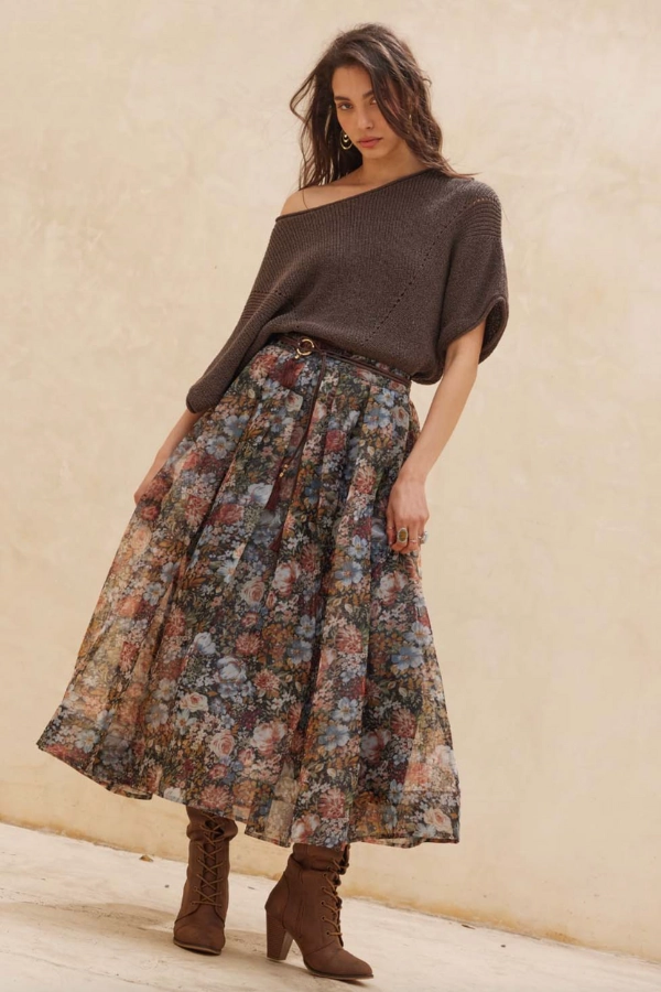 Floral Organza Maxi Skirt Casual Chic AdjustableWaistband