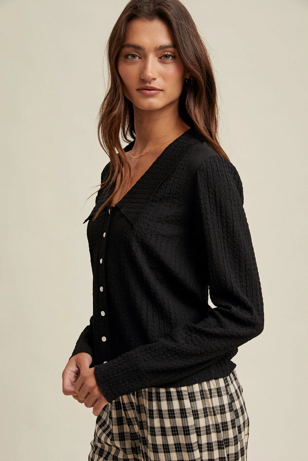 Textured Button Up Knit Top - Black Breathable Microfiber