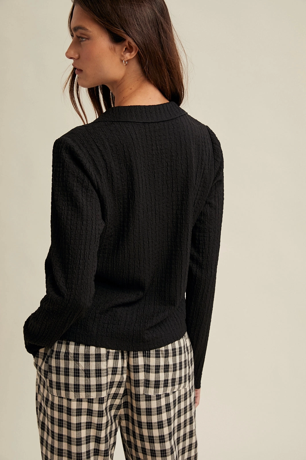 Ethically Sourced Yarn Textured Button Up Knit Top - Black