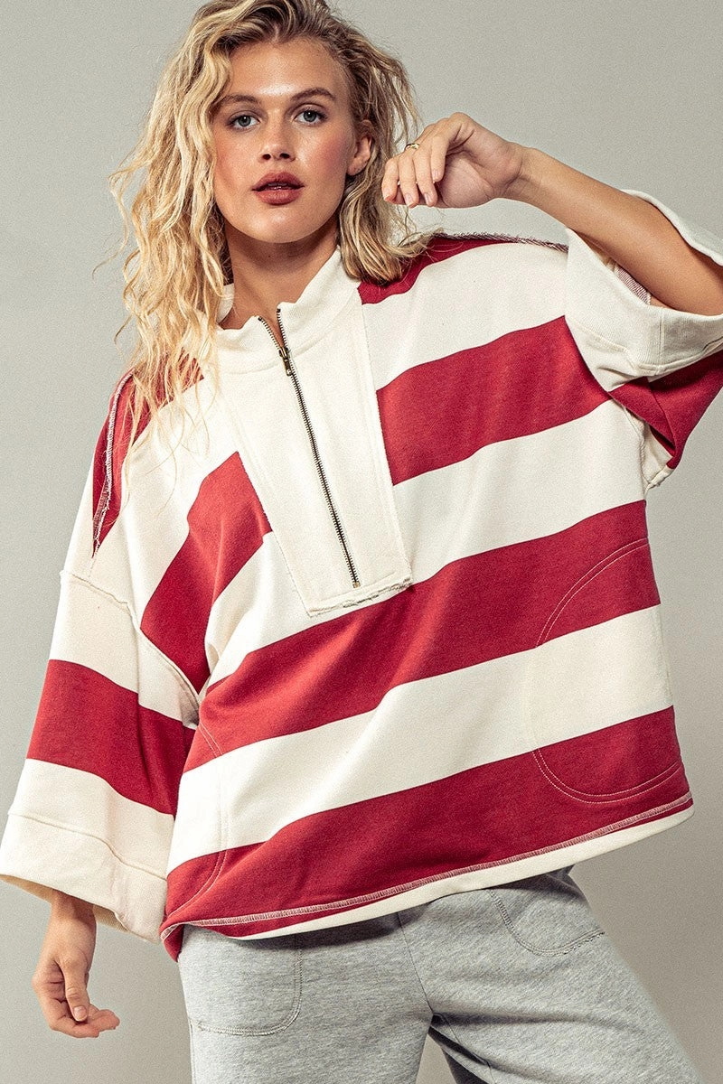 Breezy Striped Pullover Top - Cream Red Hidden Storage Pockets