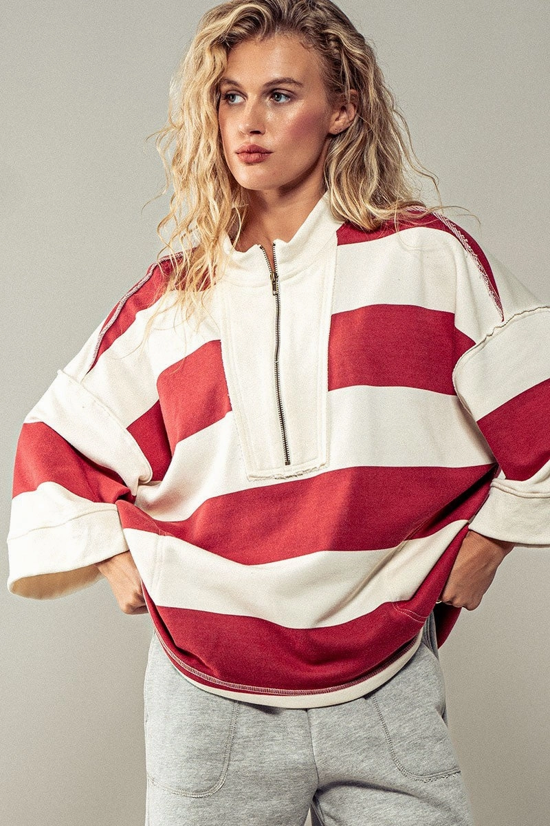 Breezy Striped Pullover Top - Cream Red BreathableMeshPanels Resilient Elasticity