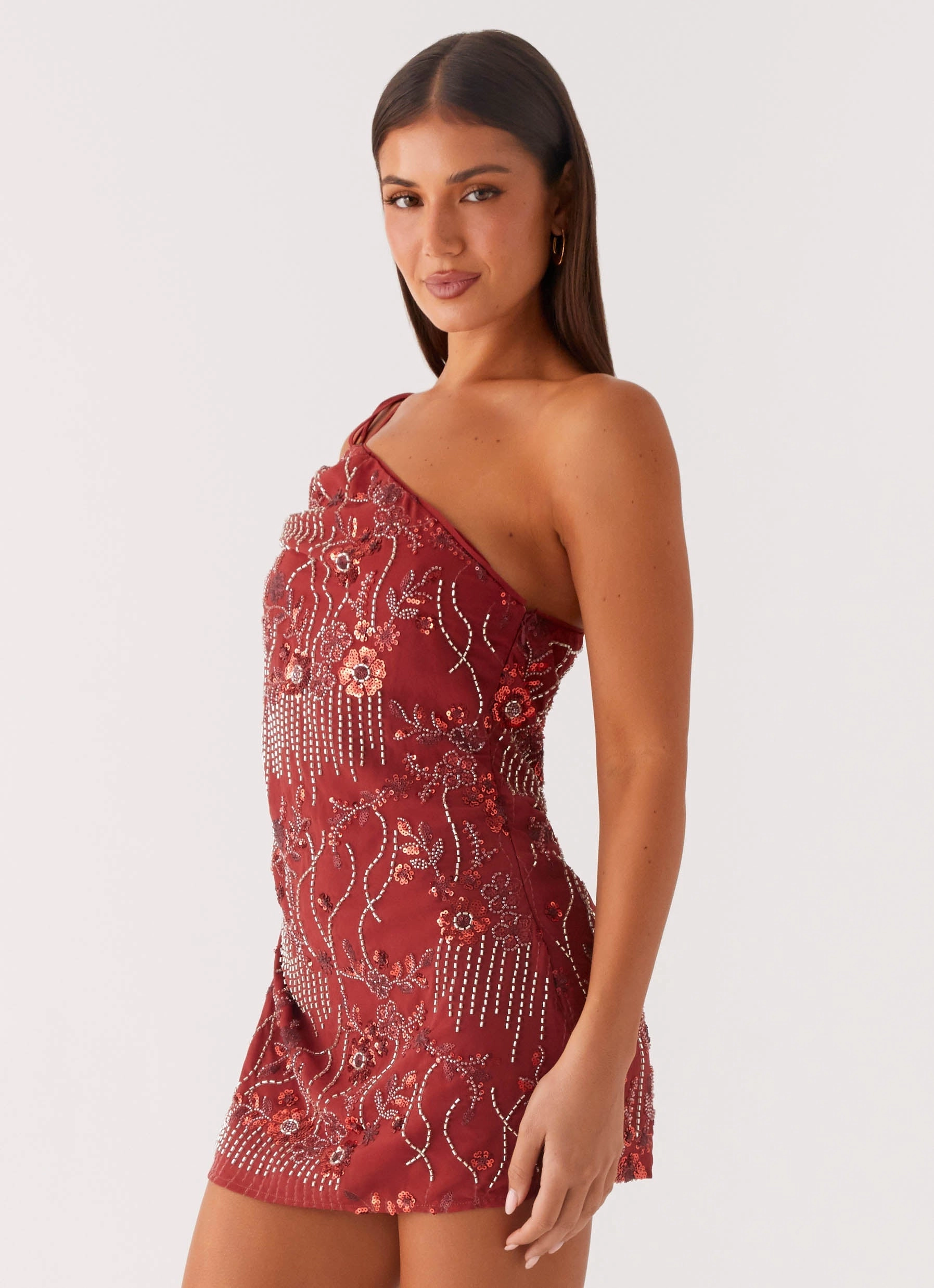 Temptational Beaded One Shoulder Mini Dress - Rust Modern Look Vibrant patterned dress