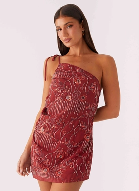 Temptational Beaded One Shoulder Mini Dress - Rust PlushLining