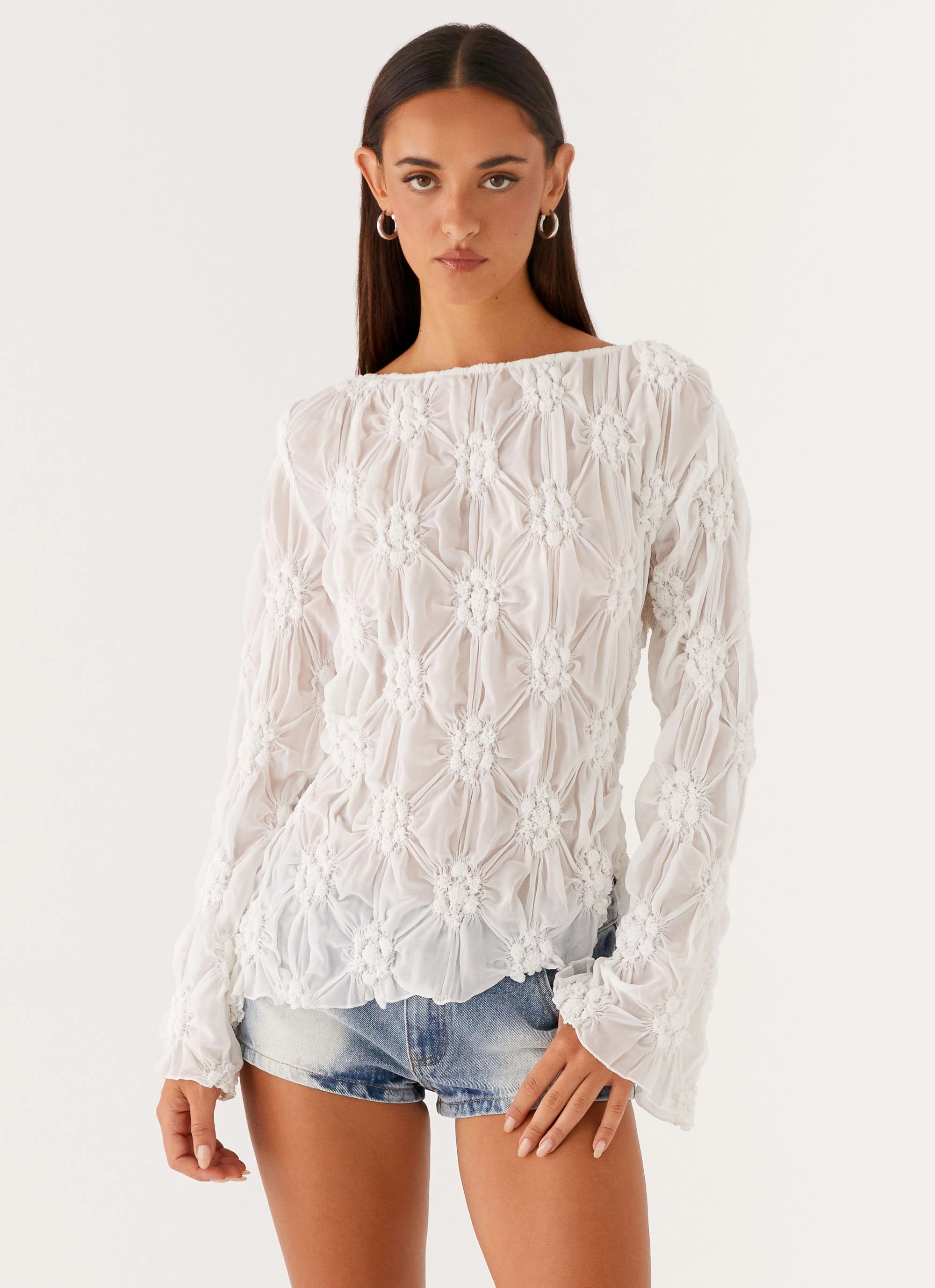 Ribbed Hem Finish Airflow Mesh Lining Mia Long Sleeve Top - Ivory