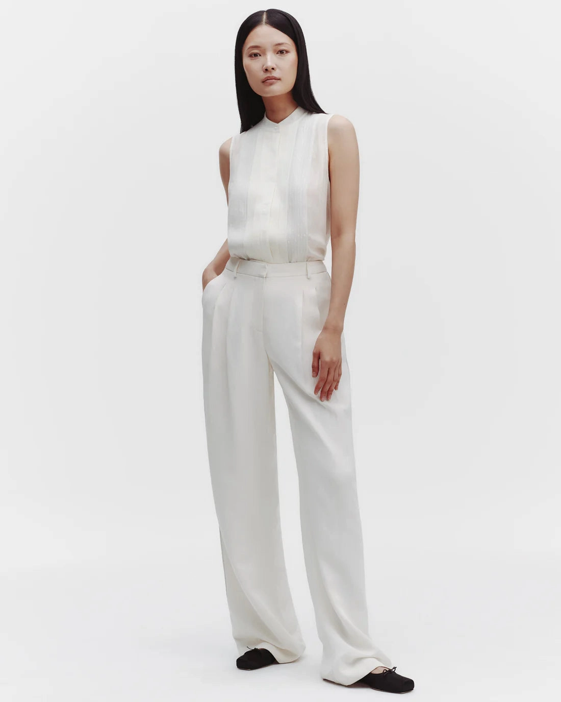 Adele Top with Sequins in Ivory Double Needle Stitching