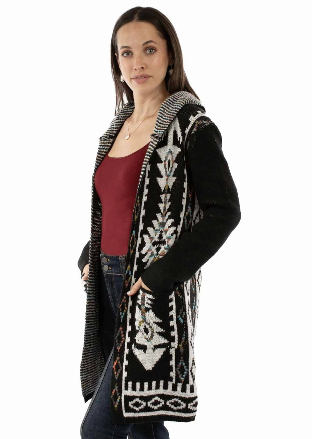 Scully Womens Hooded Asymmetric Black 100% Acrylic Duster Sweater Soft Wear Lightweight Cable Pattern