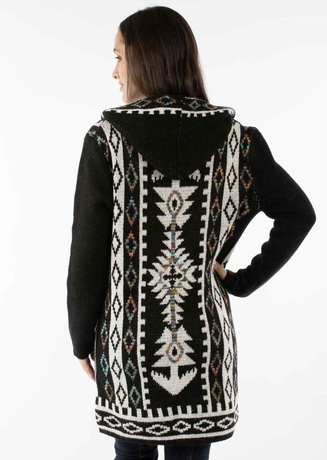 Scully Womens Hooded Asymmetric Black 100% Acrylic Duster Sweater Timeless Layering