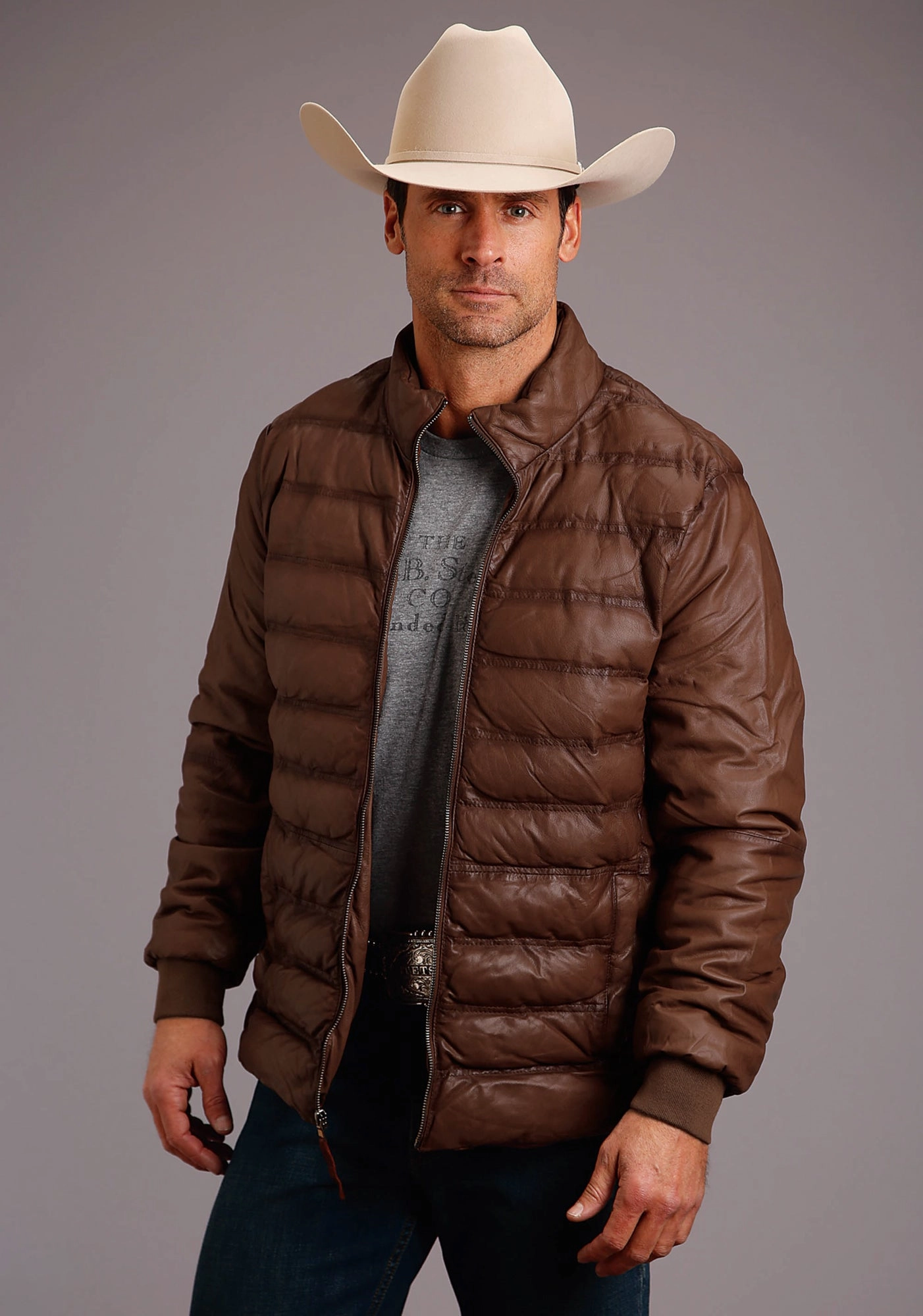 Stetson Mens Brown Leather Puffy Body Jacket Eco Friendly Hooded style