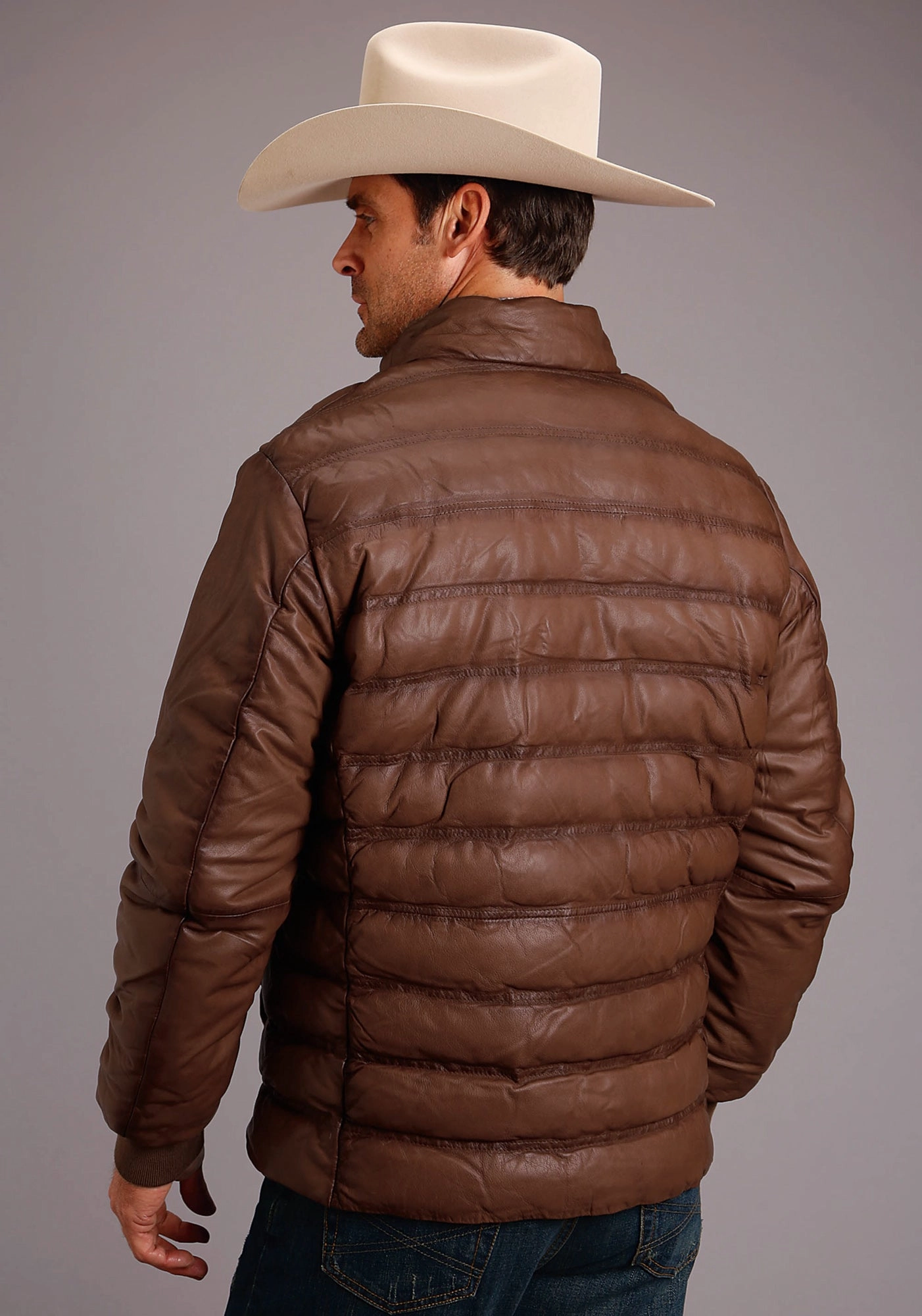 Stetson Mens Brown Leather Puffy Body Jacket Stretch Comfort Design