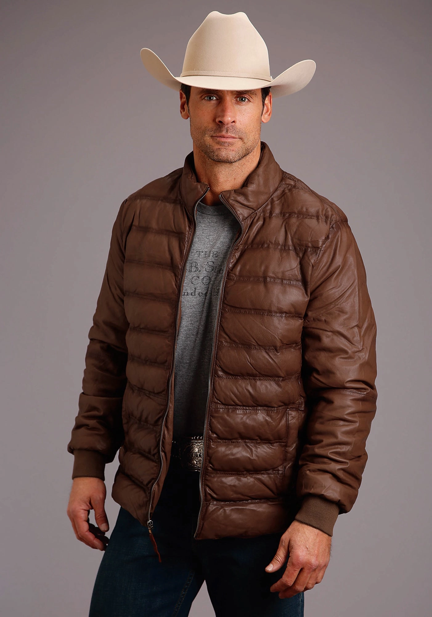 RibbedTrims Stetson Mens Brown Leather Puffy Body Jacket