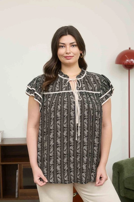 Metallic Fiber Blend Layered Collar Maci Stripe Floral Pattern Tie Front Ruffle Top S-3XL