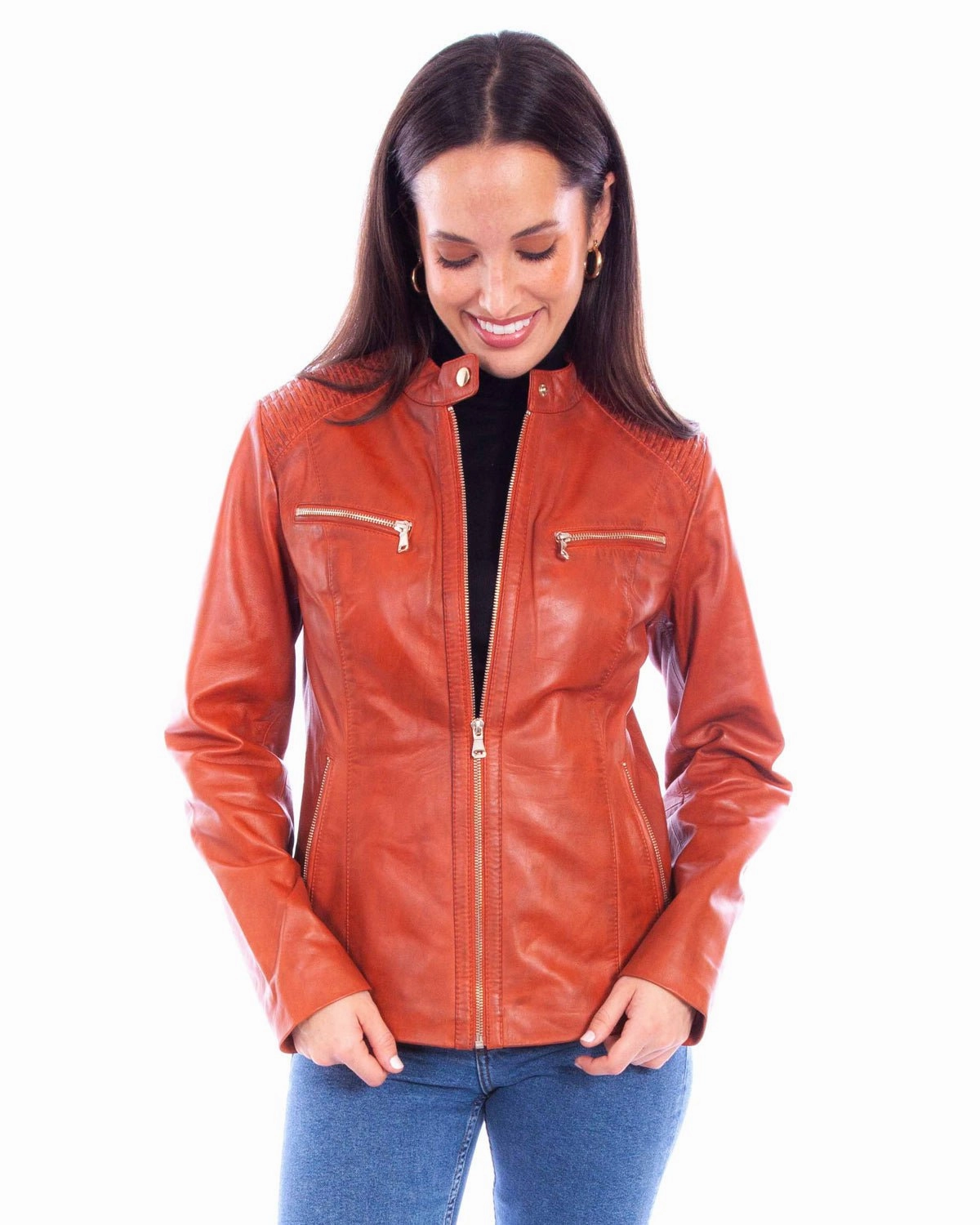 Scully Womens Cafe Racer Zip Rust Leather Leather Jacket Adjustable Hood System Street Ready