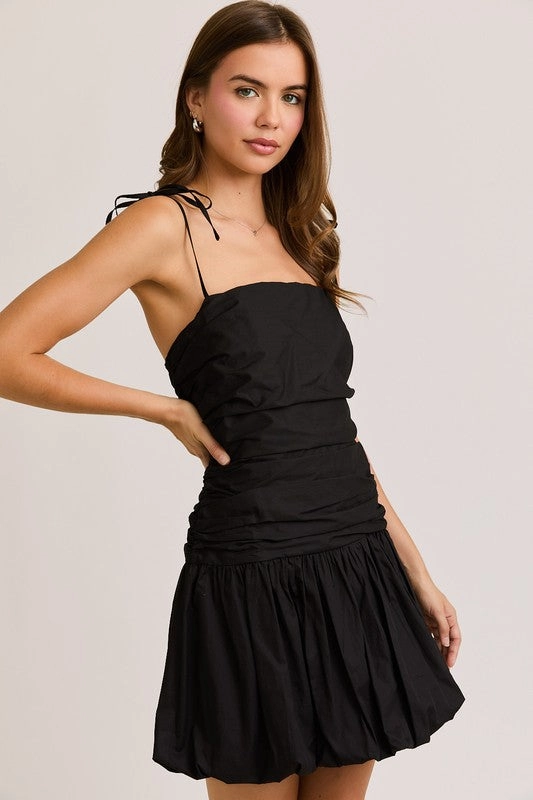 Tie Shoulder Bubble Hem Mini Dress - Black SustainableCotton