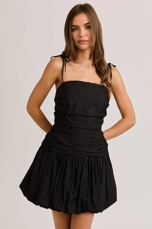 Cozy Cut Tie Shoulder Bubble Hem Mini Dress - Black