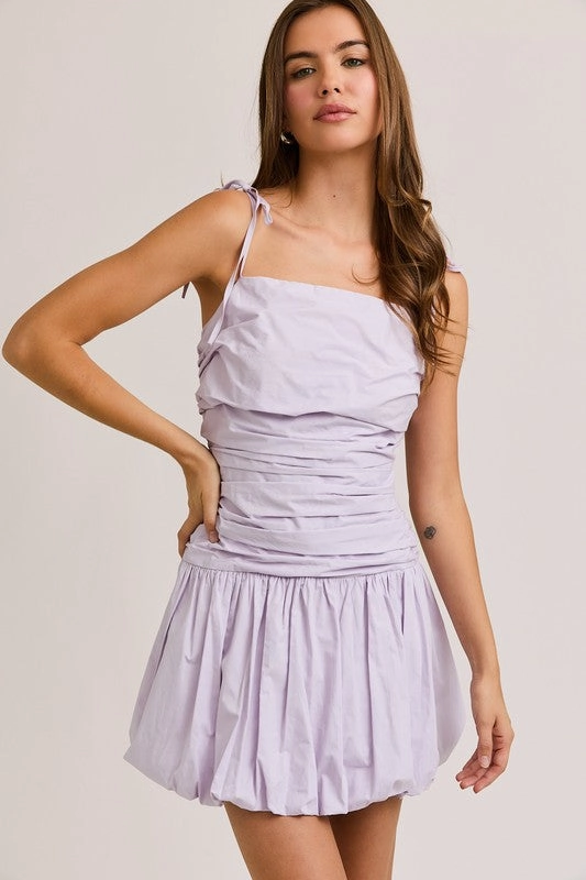 Tie Shoulder Bubble Hem Mini Dress - Lavender Travel Option High-waist