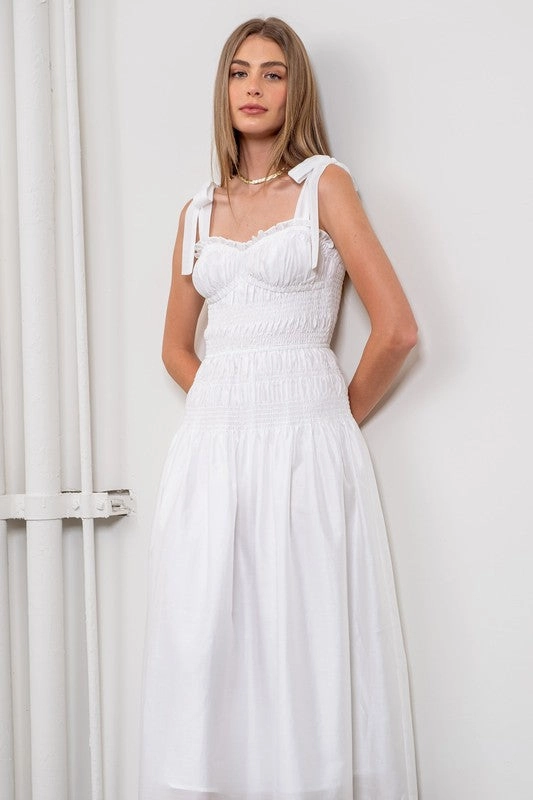 Tie Strap Shirred Midi Dress - White Clean Structure