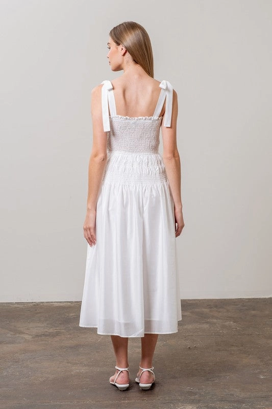 Tie Strap Shirred Midi Dress - White Indoor Event Perfect Day-to-Night