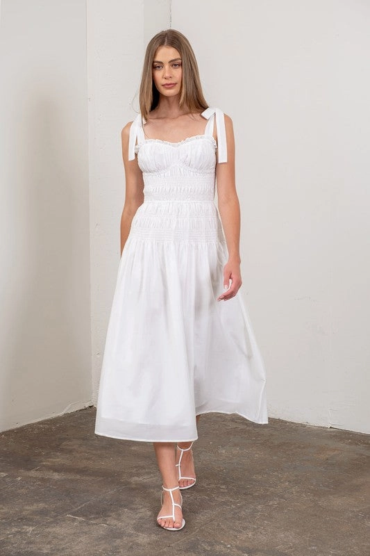 Ribbed collar Eco Friendly Dye Process Tie Strap Shirred Midi Dress - White