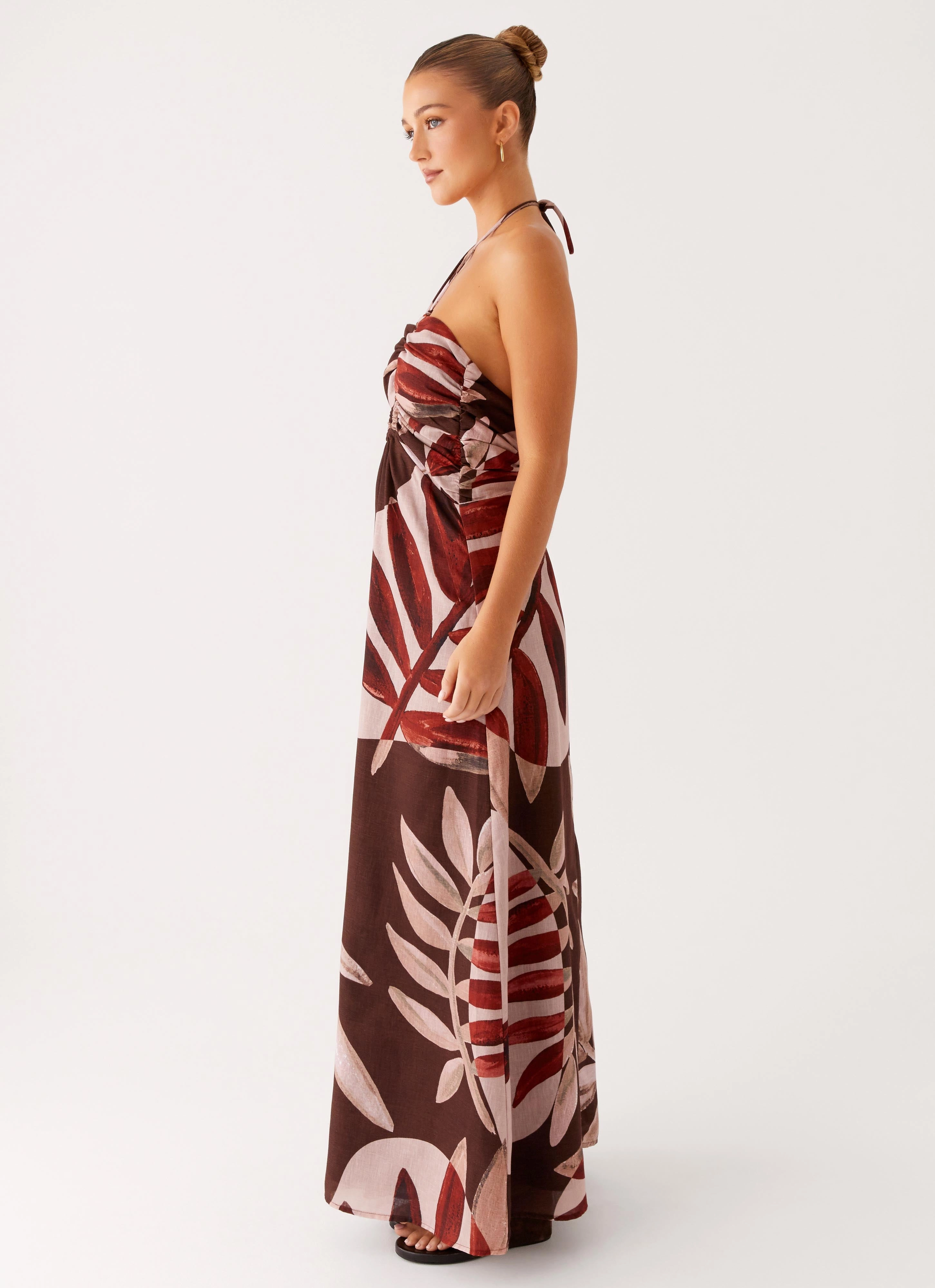 Flutter-Sleeve Gloss Accent Ramona Linen Maxi Dress - Cinnamon Palm