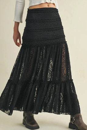 Sustainable Waterproofing High Durability Material Tiered Lace Maxi Skirt - Black