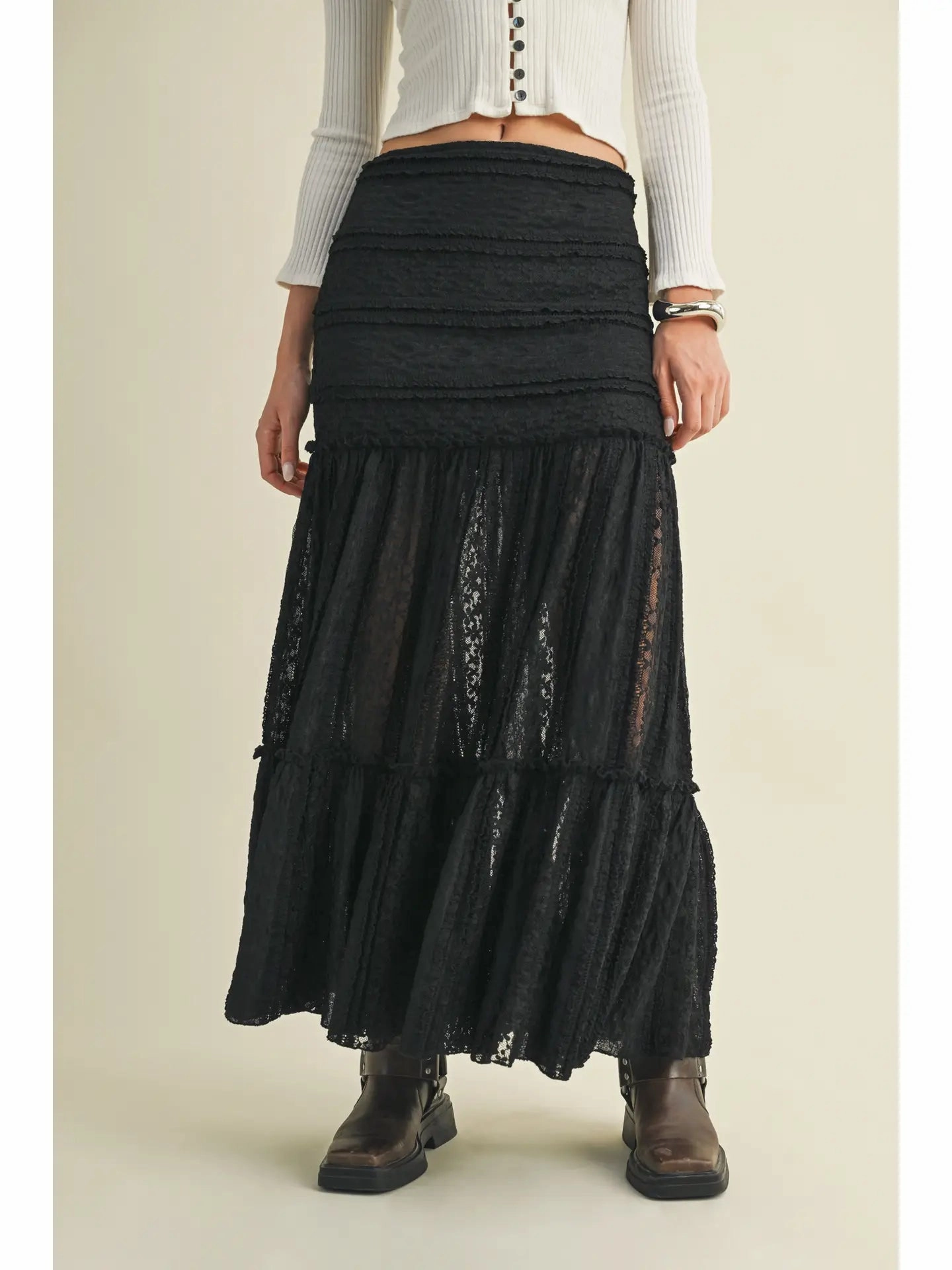 Tiered Lace Maxi Skirt - Black Lightweight Fabric