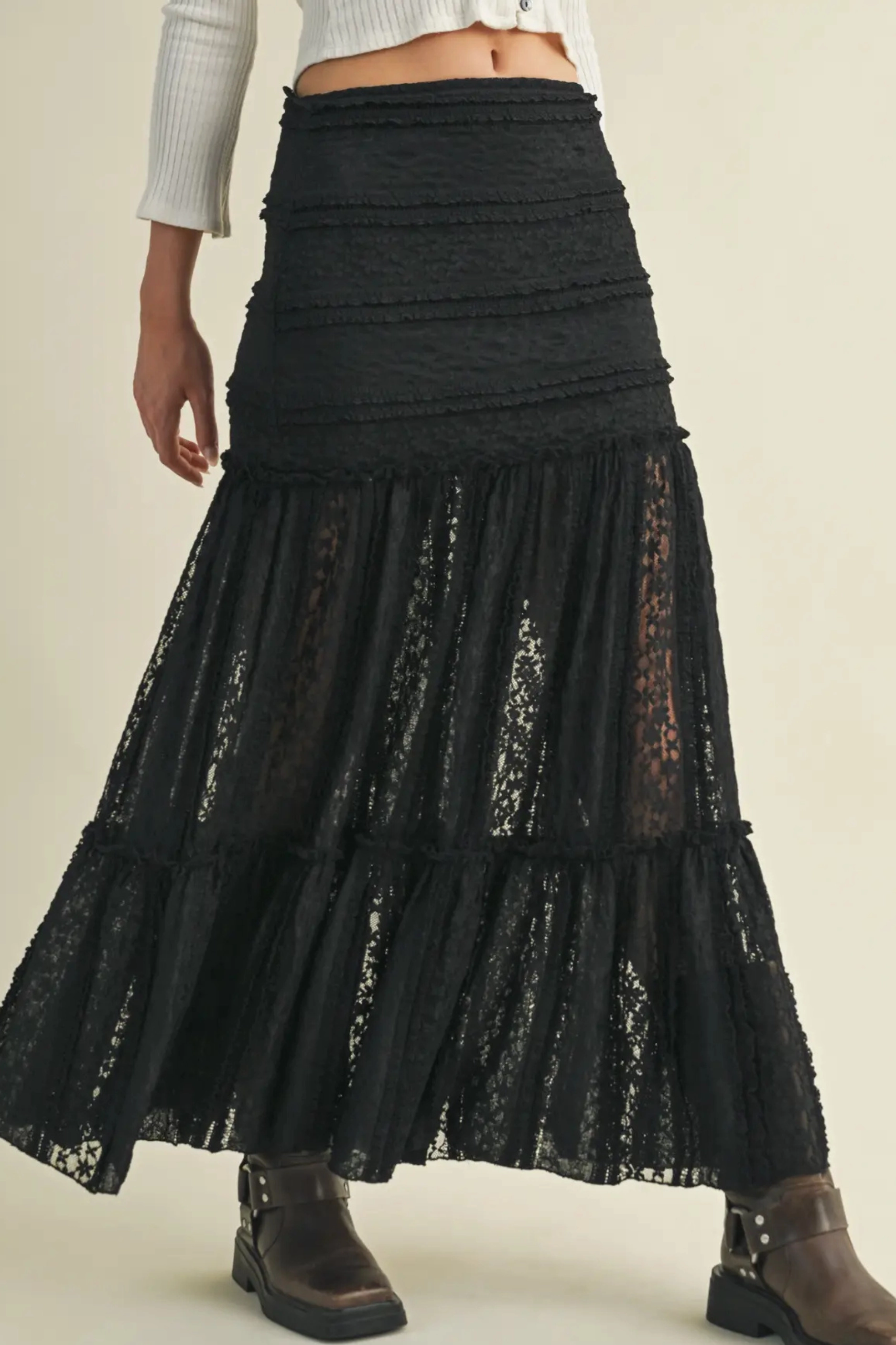 Sustainable Waterproofing High Durability Material Tiered Lace Maxi Skirt - Black