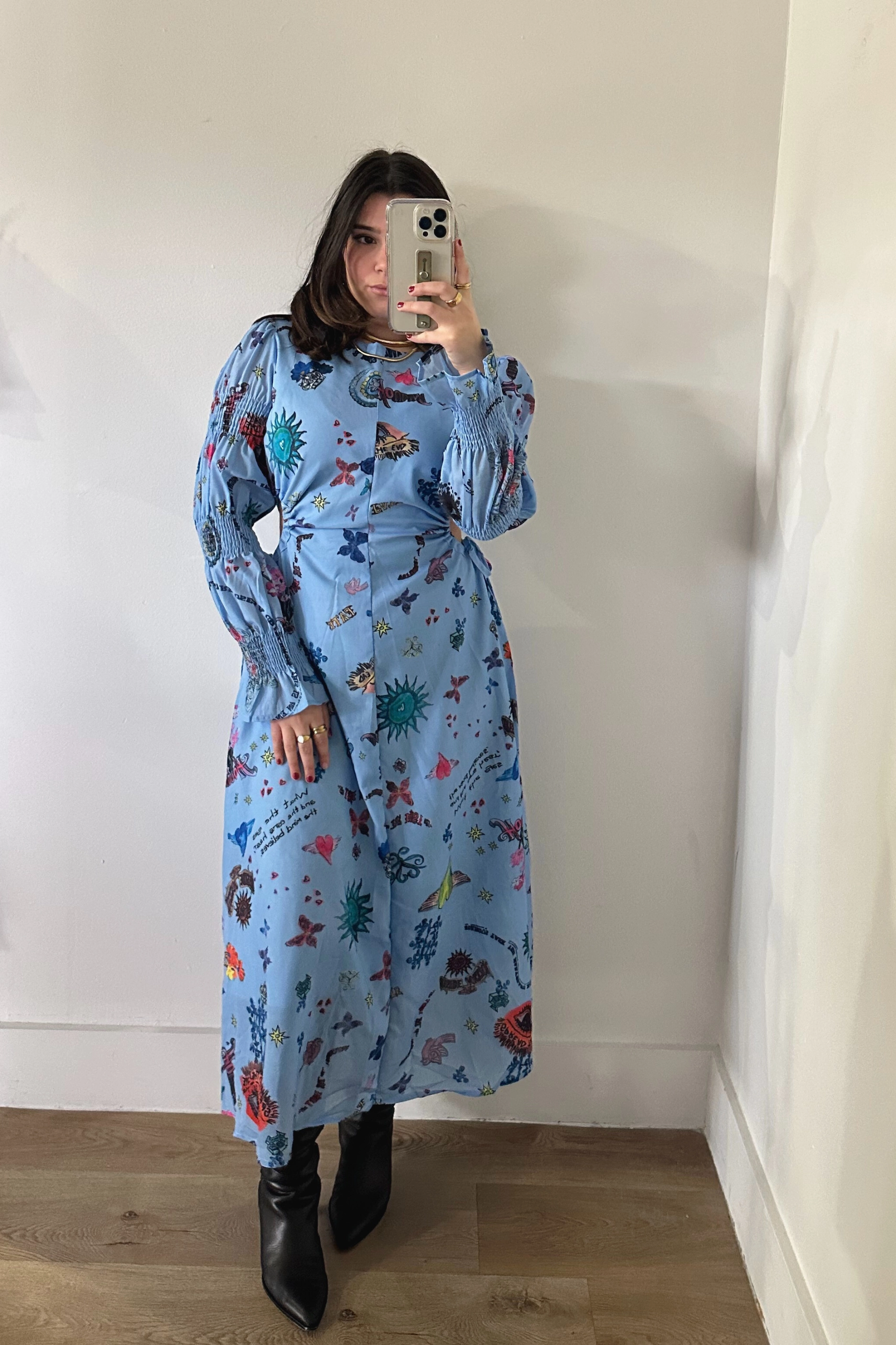 Draped-Style Graffiti Balloon Sleeve Maxi Dress