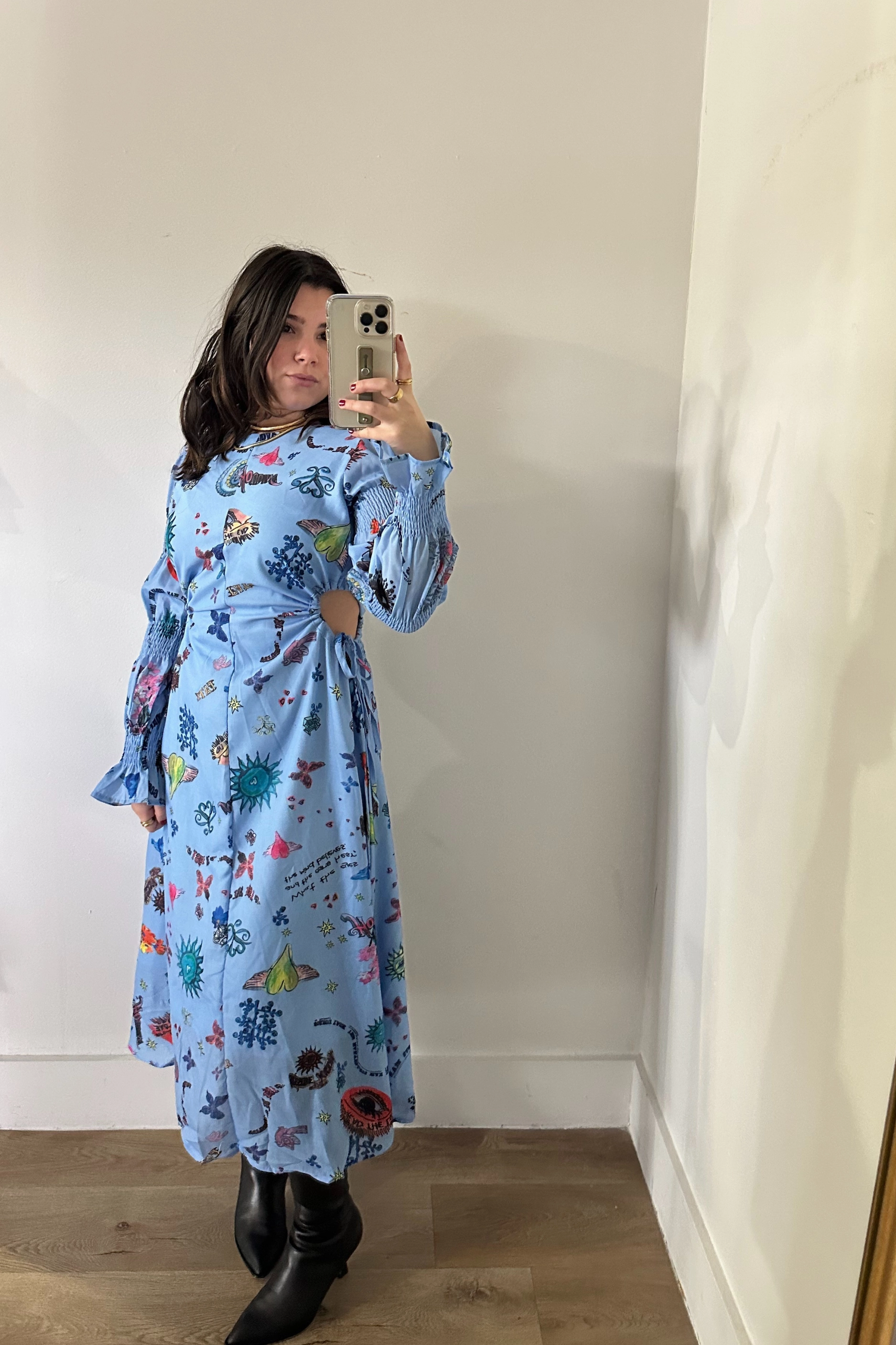 Graffiti Balloon Sleeve Maxi Dress High Cut Polished Look