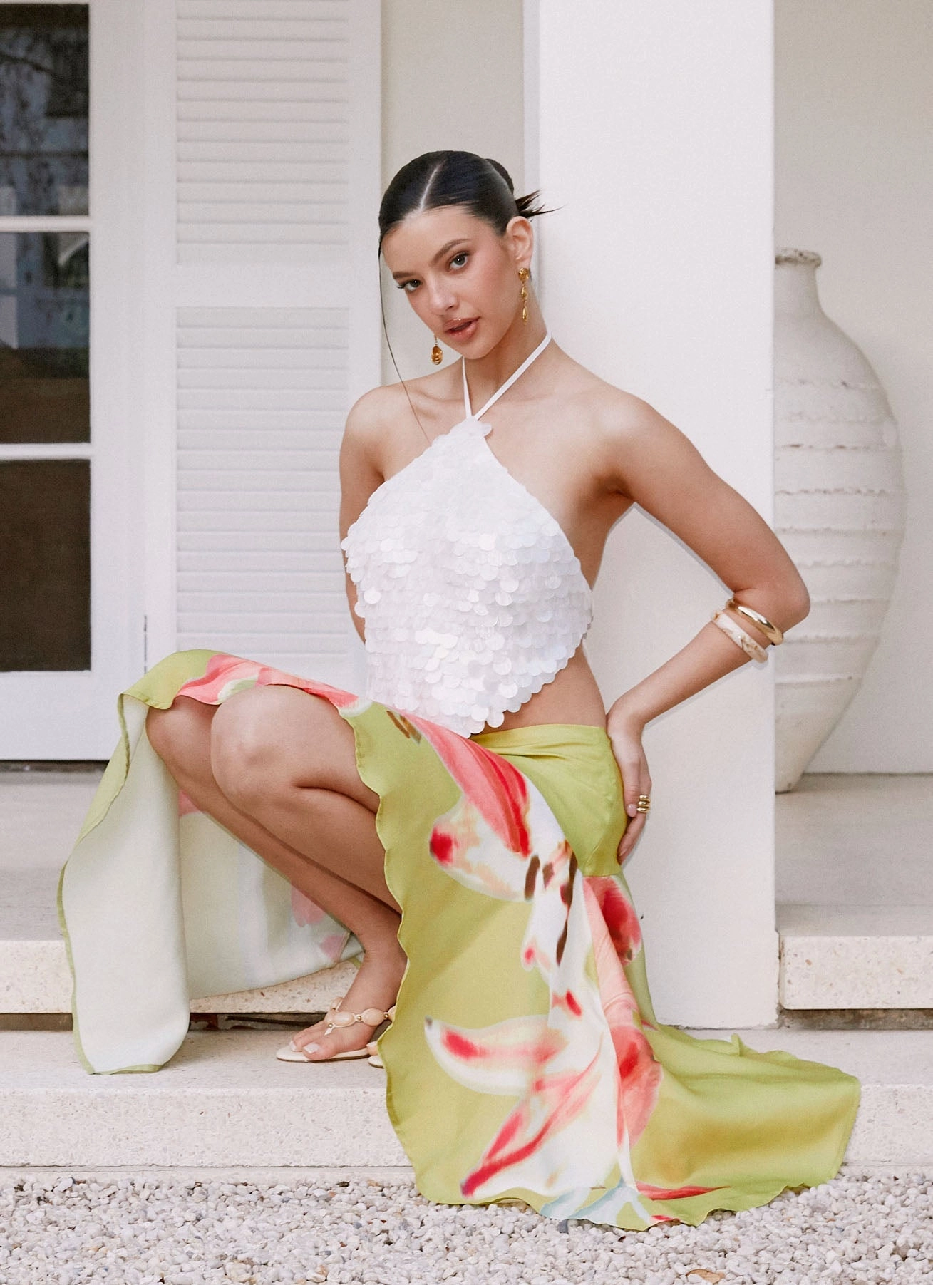 ButtonDownCollar WrinkleResistantTextile Tijana Beaded Halter Top - Ivory