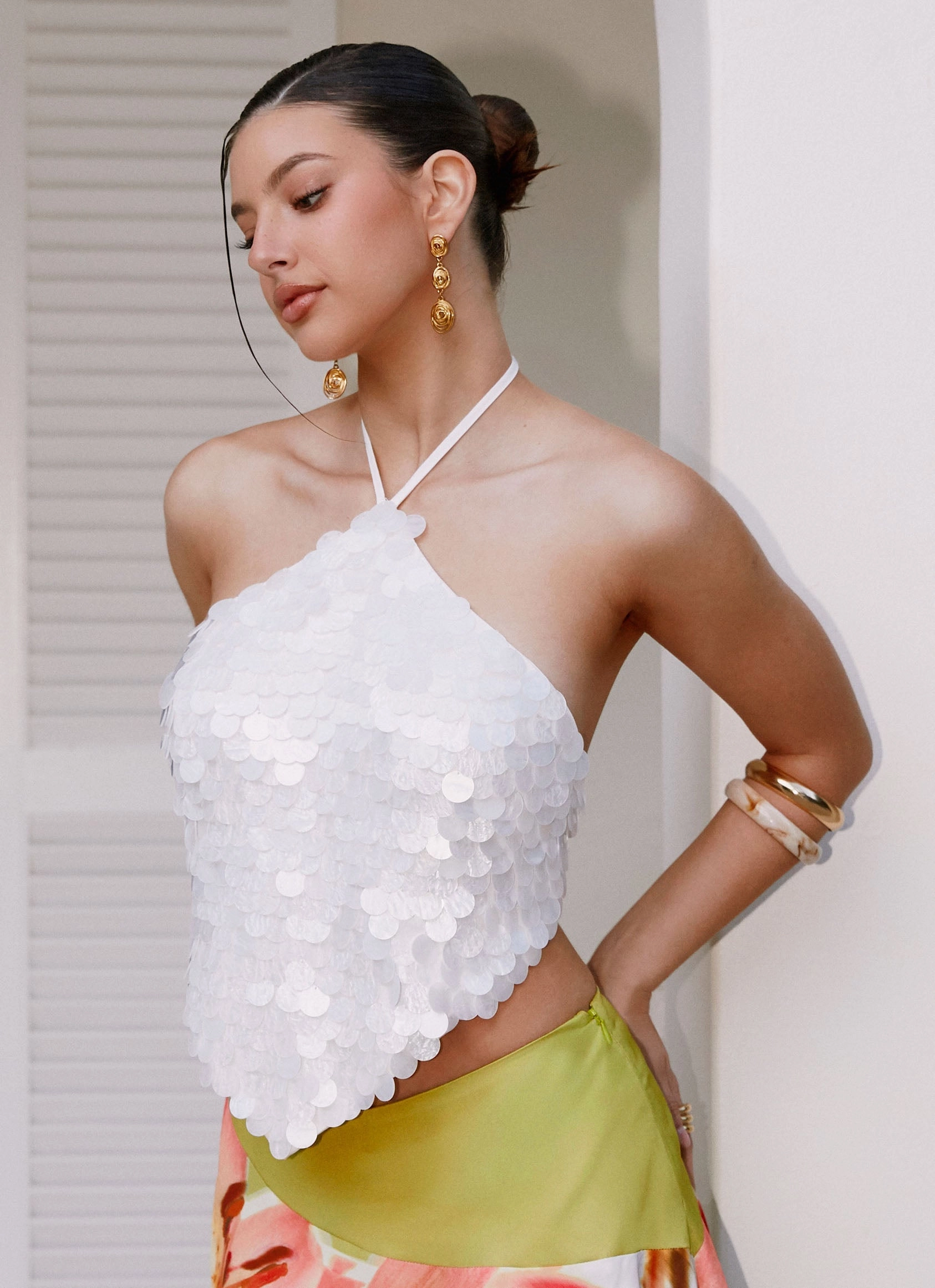 ConvertibleCollar Tijana Beaded Halter Top - Ivory