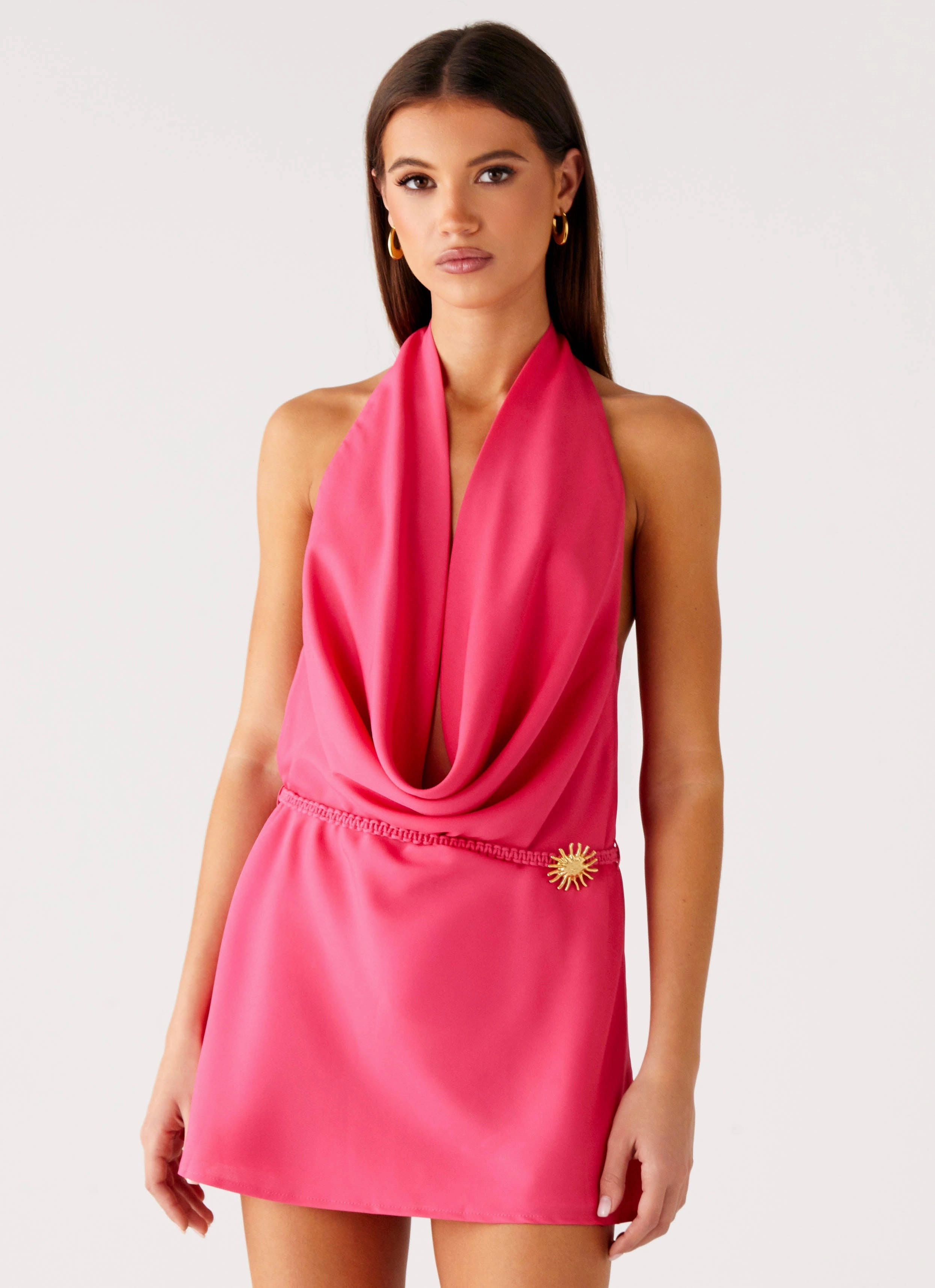 Halia Cowl Mini Dress - Watermelon Autumn-Season Ruched-Detail