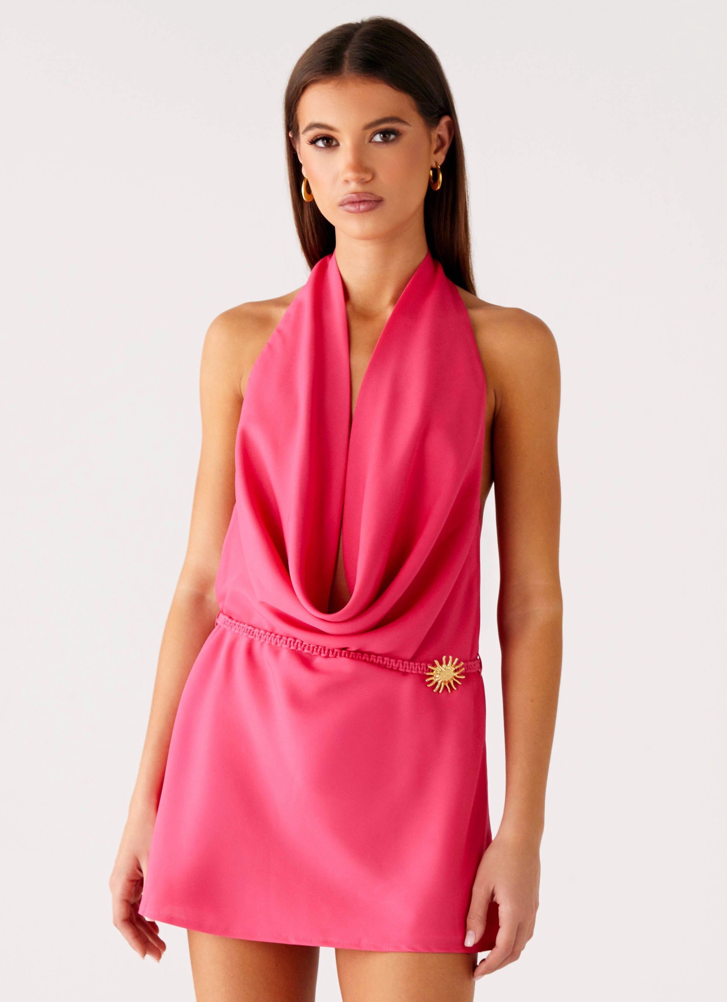 Quiet Luxury One-Shoulder Halia Cowl Mini Dress - Watermelon