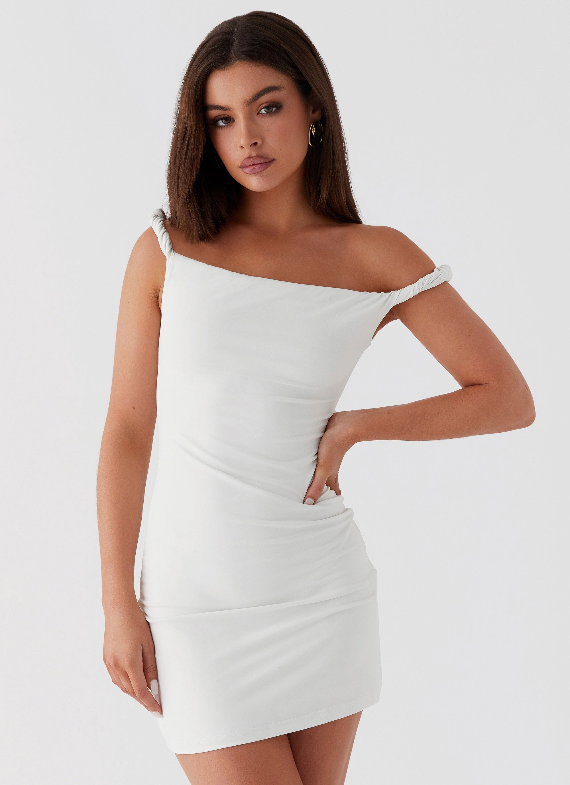 Sleek Comfort Arabella Twist Shoulder Mini Dress - Ivory