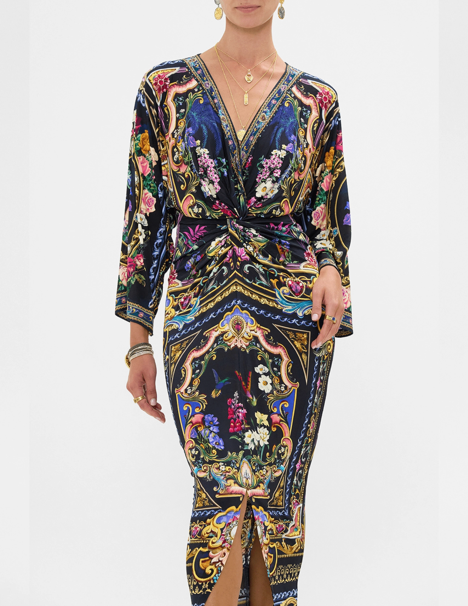 Lace Accent Smart Wear Camilla Long Split Front Twist Dress