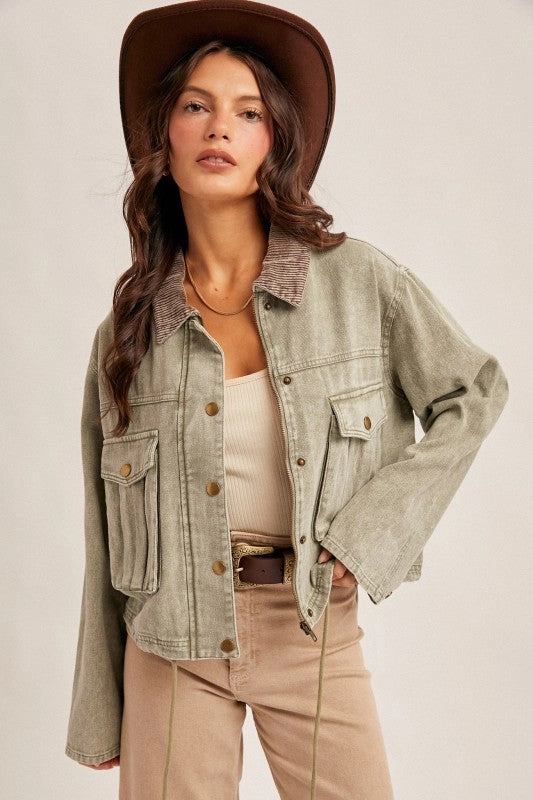 Thermal Lining Tech Carly Corduroy Collar Contrast Twill Crop Jacket