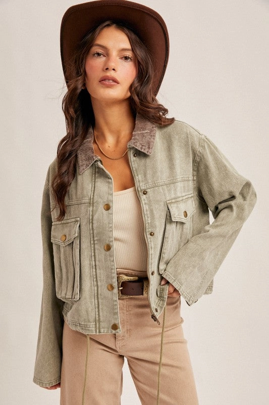 Stylish Daily Fit Carly Corduroy Collar Contrast Twill Crop Jacket