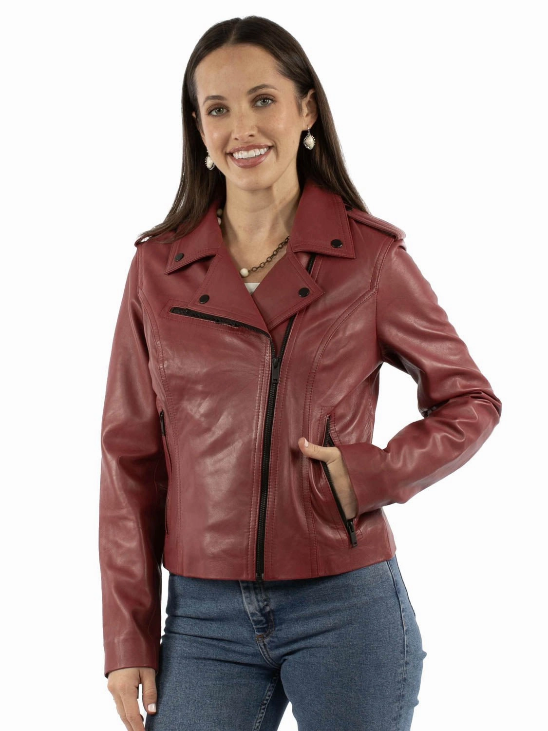 Lightweight Thermal Tech Scully Womens Wide Notched Collar Red Lamb Leather Leather Jacket