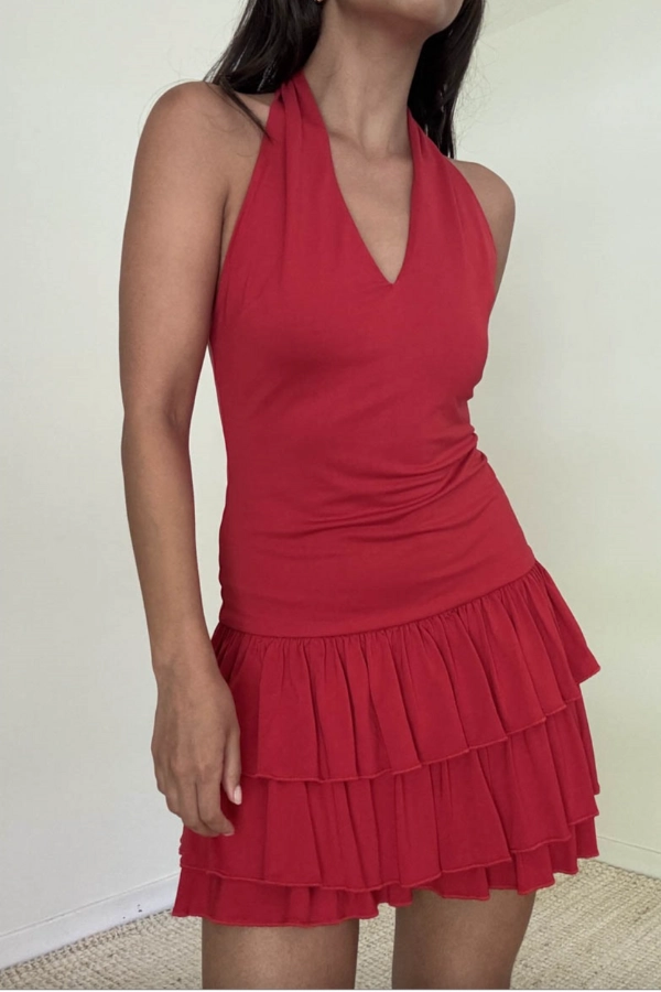 Wrinkle-Free-Finish Halter Neck Tiered Ruffle Mini Dress - Red